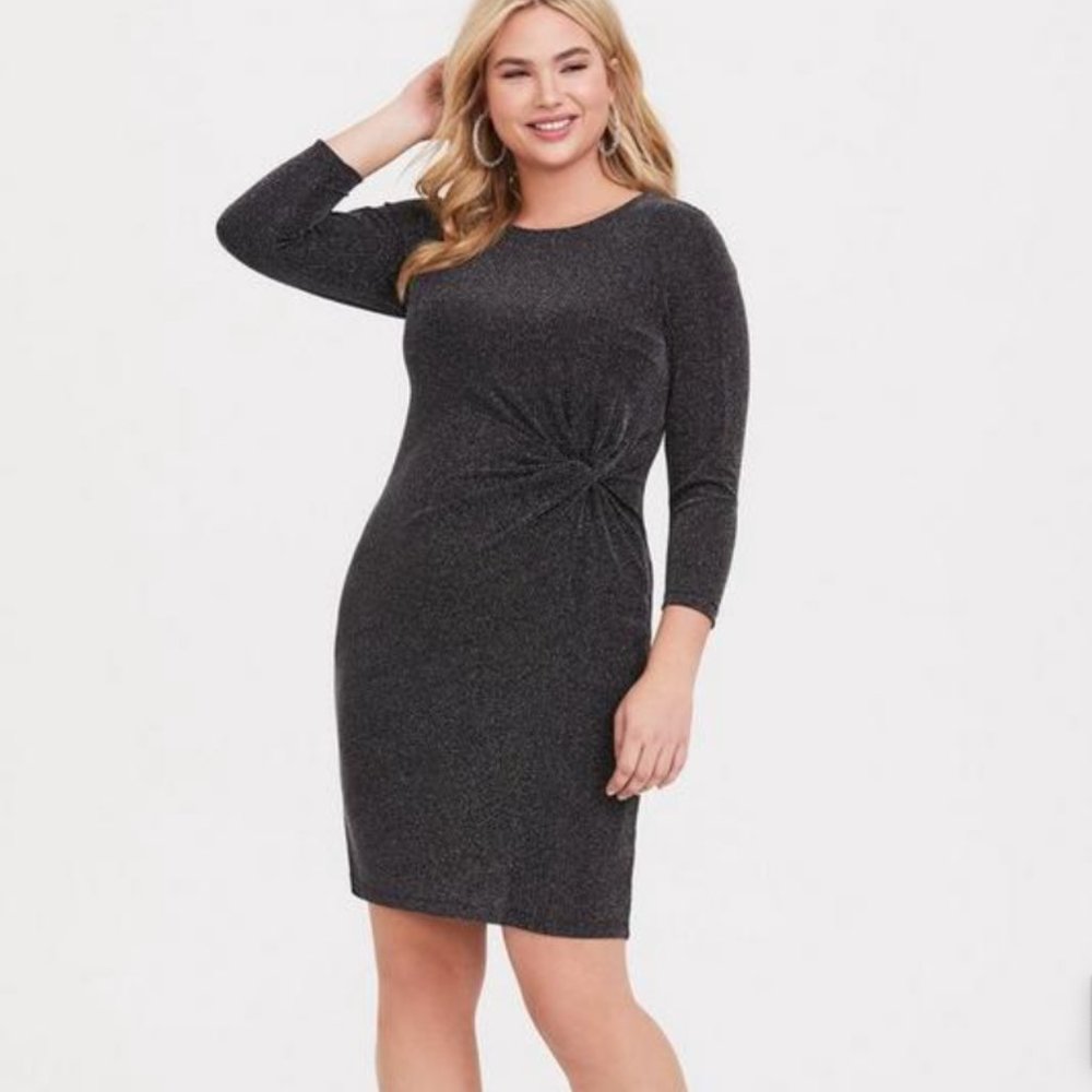 Torrid Black & Silver Shimmer Metallic Long Sleeve Knotted Front Dress Sz 1X